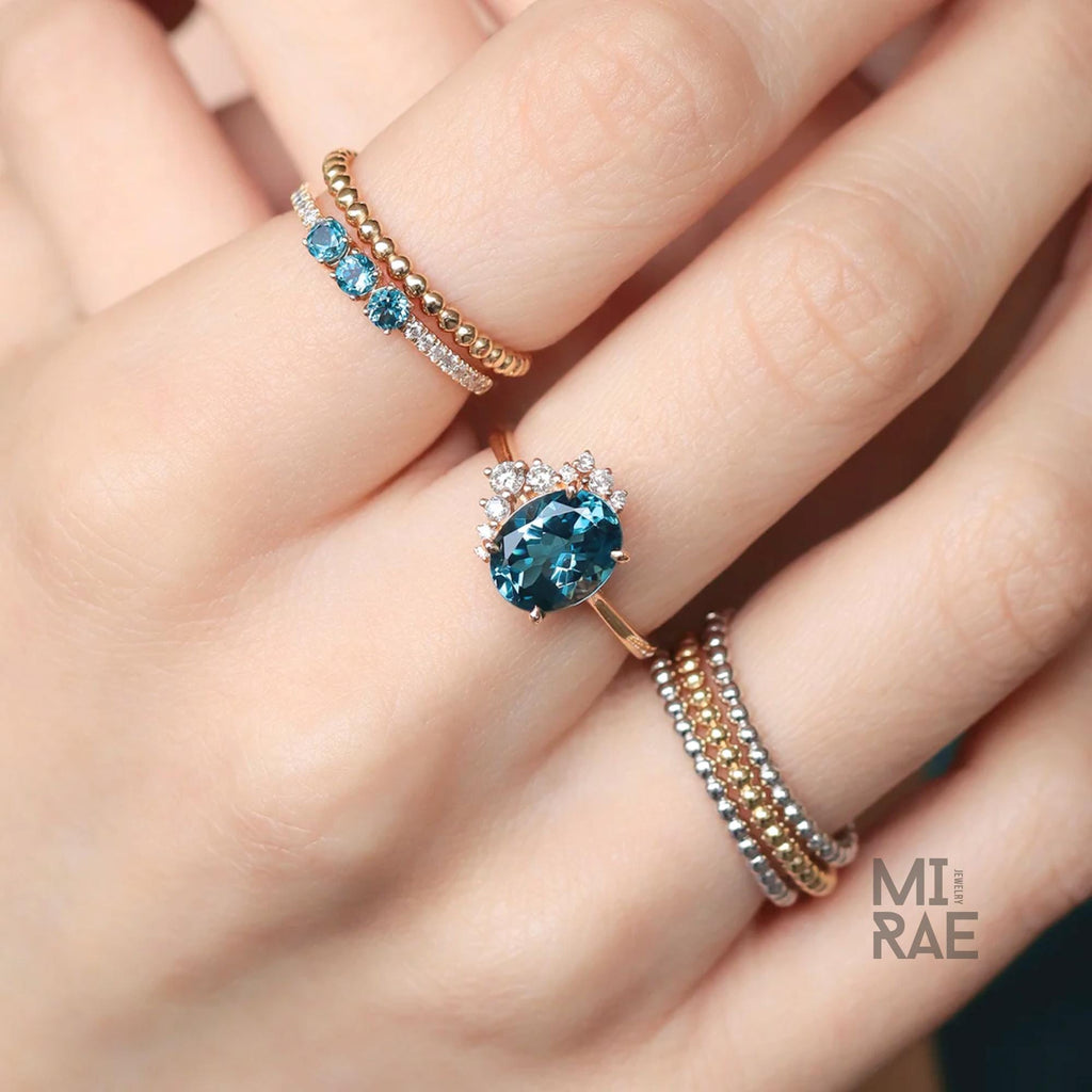 Natural London Blue Topaz & Diamond Ring | Serene Blue Gemstone Statement Ring | Elegant Halo Engagement Ring
