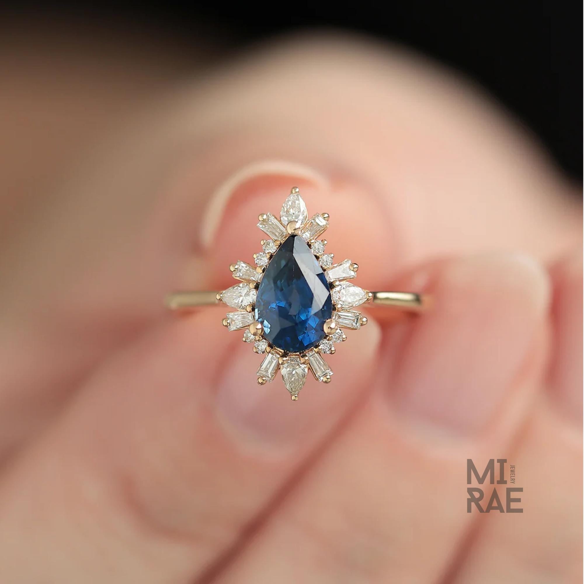 Sapphire & Diamond Drop Ring | Blue Ceylon Sapphire Halo Ring | Elegant Statement Ring