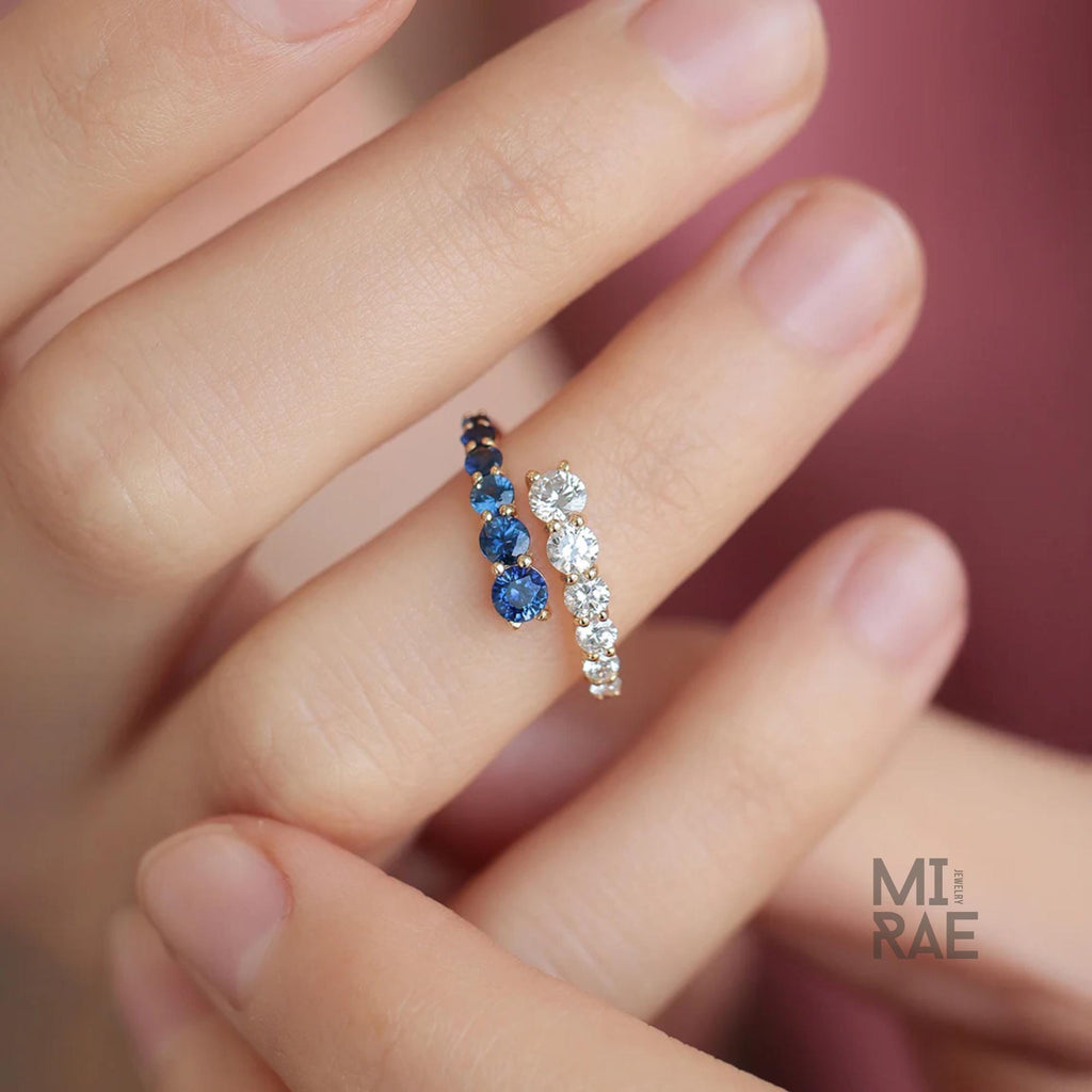 14k Yellow Gold Sapphire & Diamond Wrap Ring, Adjustable Spiral Ring, Open Lab Grown Diamond Stackable Ring, Bypass Trendy Jewelry For Women