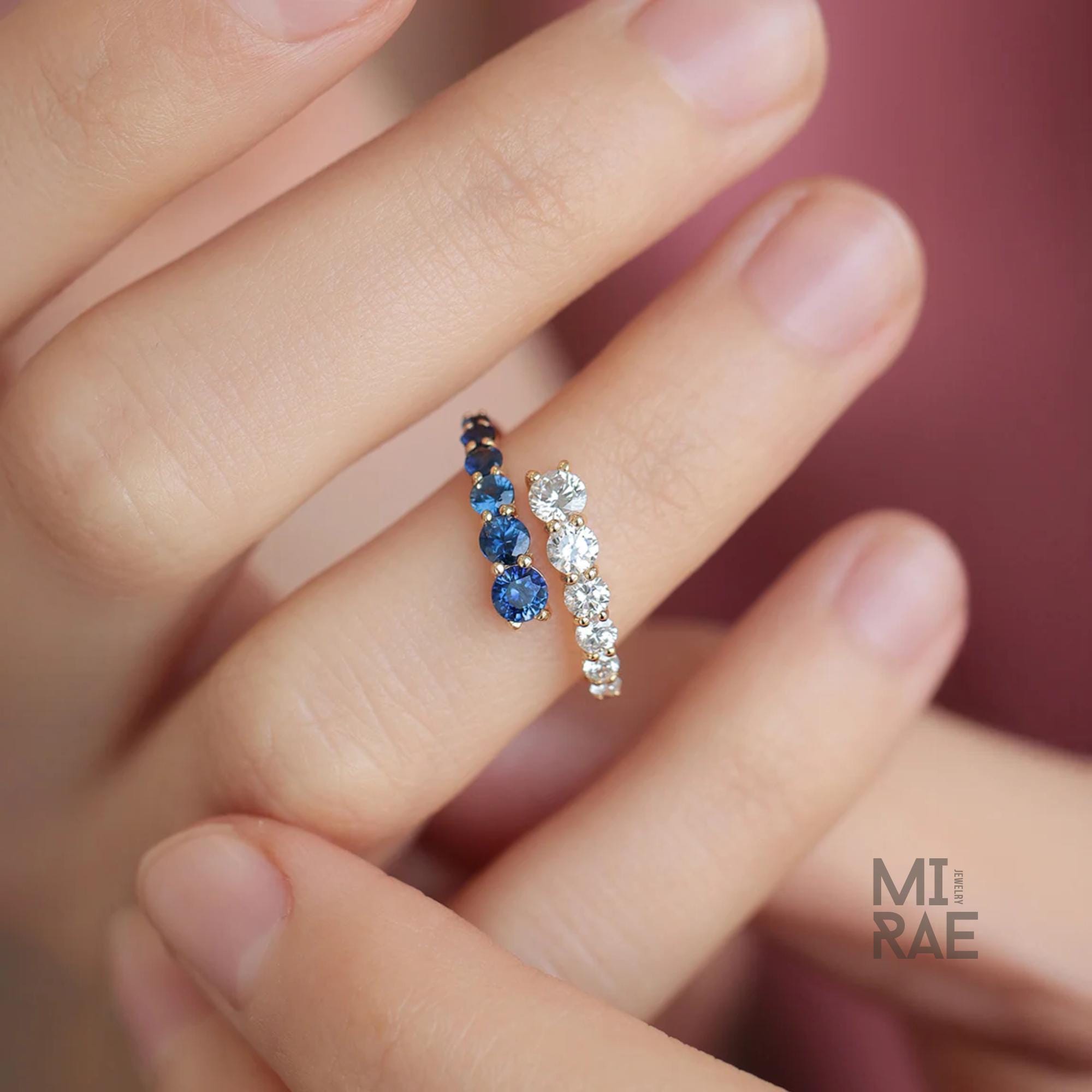 14k Yellow Gold Sapphire & Diamond Wrap Ring, Adjustable Spiral Ring, Open Lab Grown Diamond Stackable Ring, Bypass Trendy Jewelry For Women