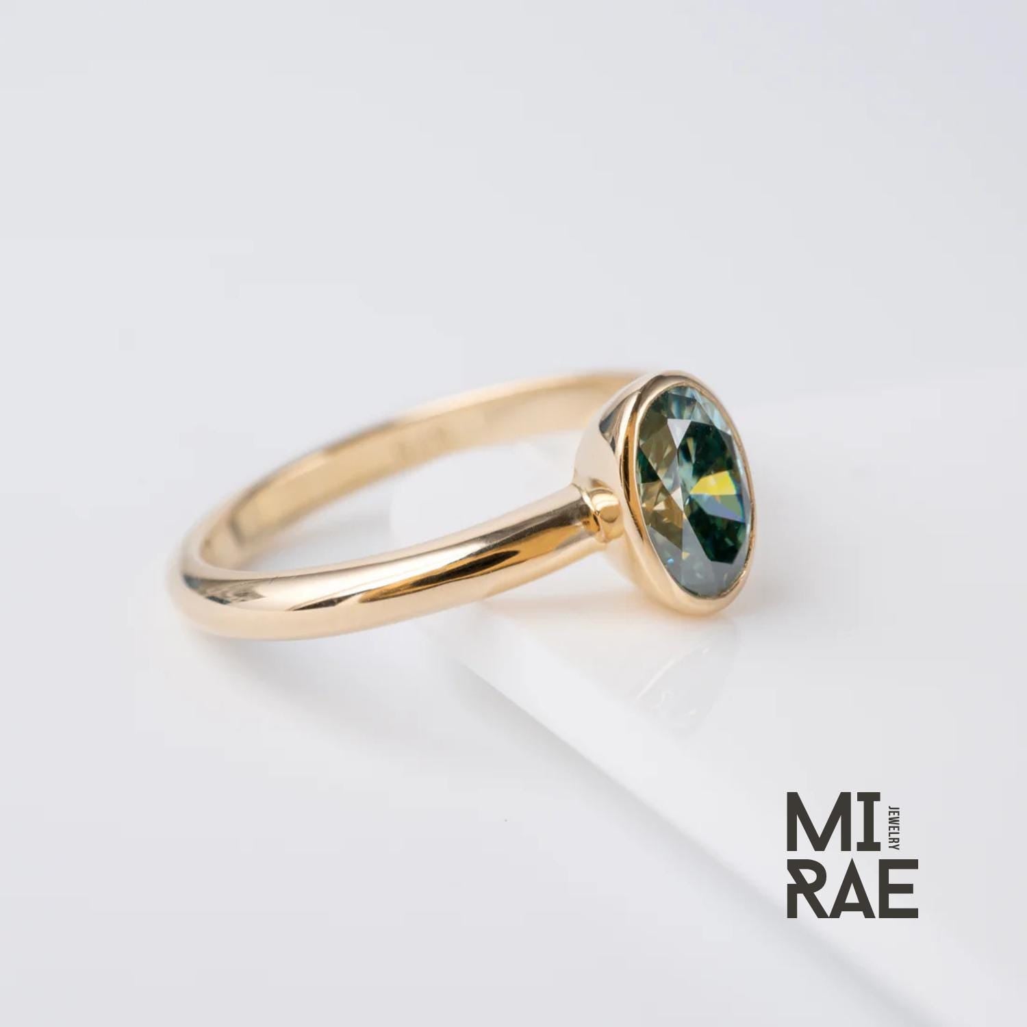 Teal Green Moissanite Ring Oval Cut 14K Yellow Gold Bezel Ring