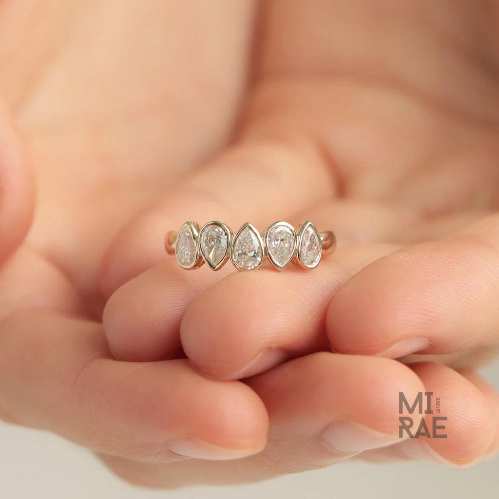 Pear Cut Diamond Drops Ring | Teardrop Half Eternity Band | Minimalist Lab Diamond Wedding Ring
