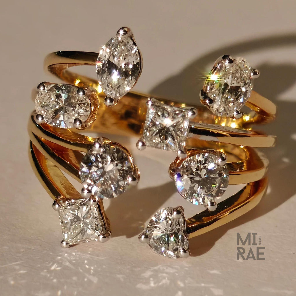 14k Yellow Gold Moissanite Ring: Multi Shape Solaris Design, 2.25 Carat