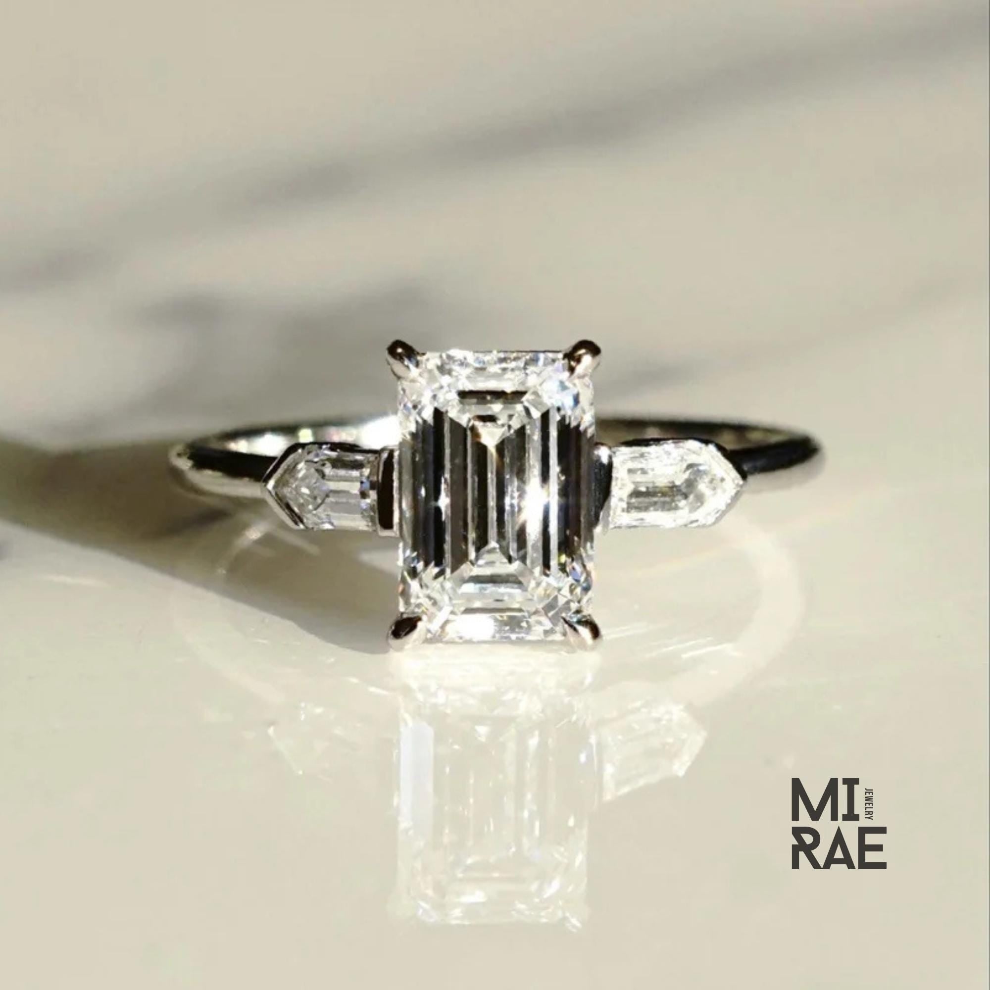 Emerald Cut 3 Carat Lab Grown Diamond Three Stone Engagement Ring 14K Solid Gold