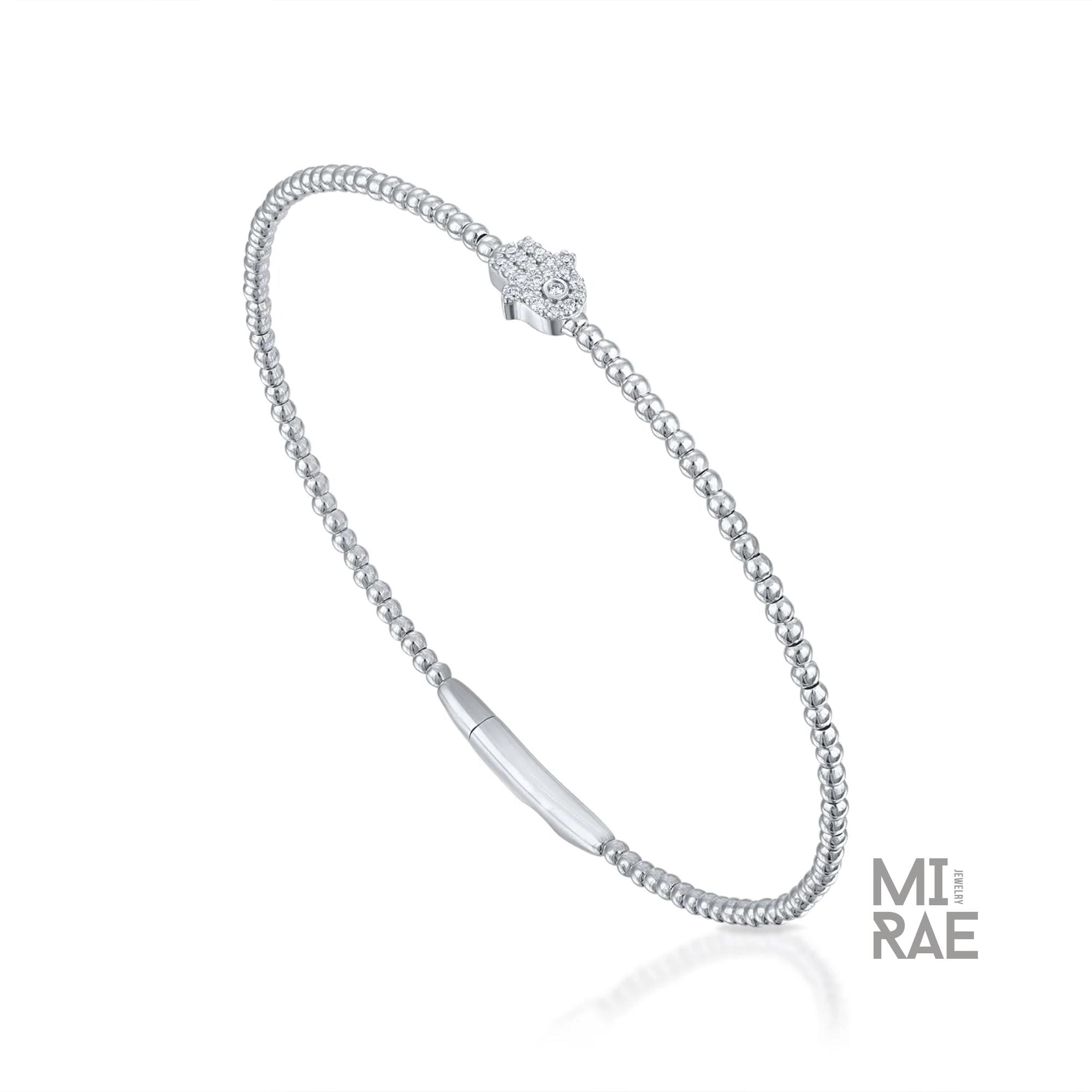 Diamond Hamsa Hand Bracelet in 14k Rose Gold, Hamsa Bracelet, Diamond Bangle, Stackable Bangle, Premium Yellow White, Flexible Bangle Gift