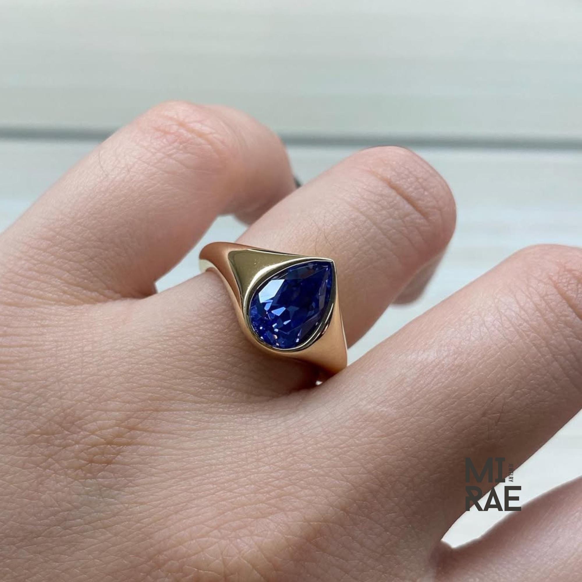 Pear Sapphire Signet Ring: 14K Yellow Gold Teardrop, Bezel Set