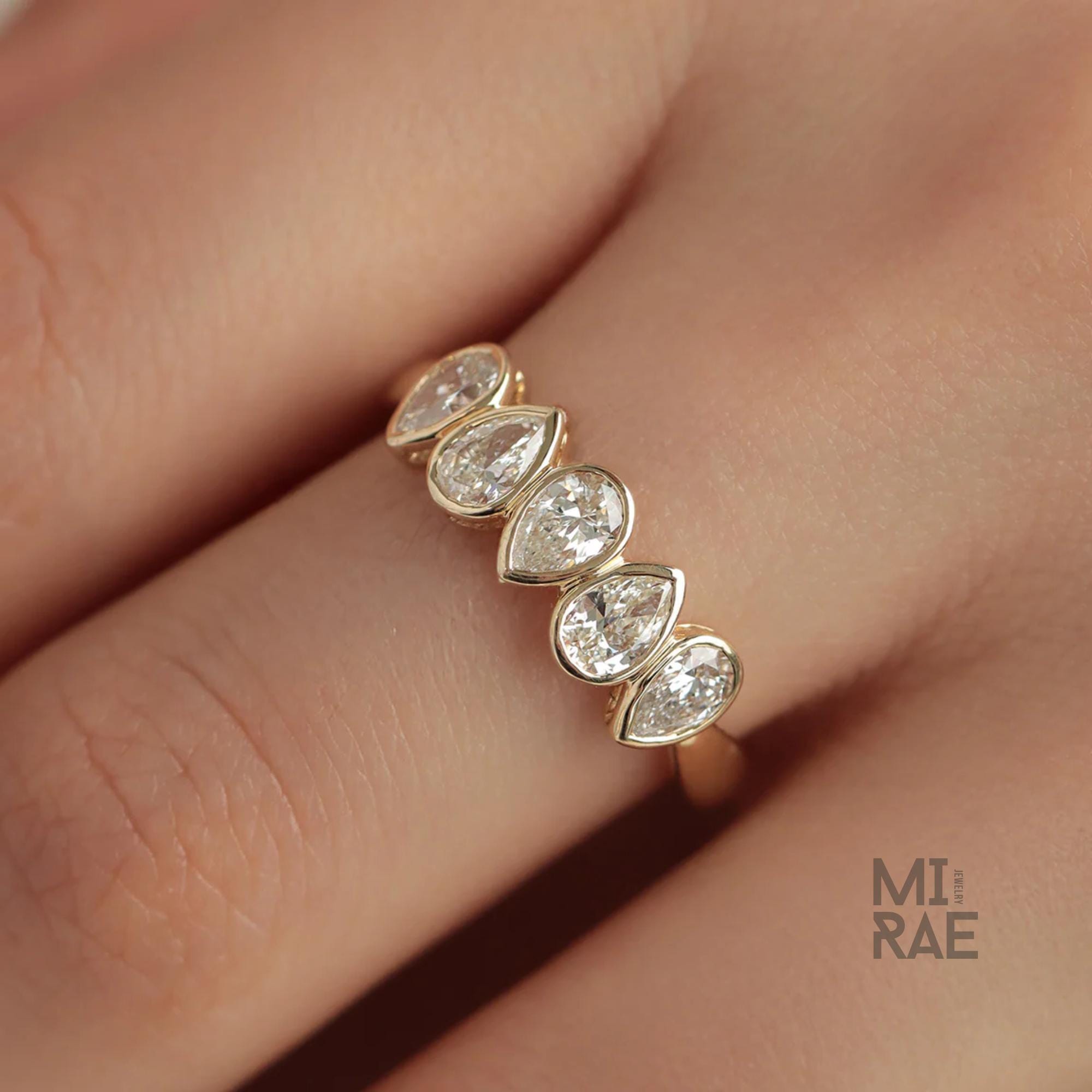 Pear Cut Diamond Drops Ring | Teardrop Half Eternity Band | Minimalist Lab Diamond Wedding Ring